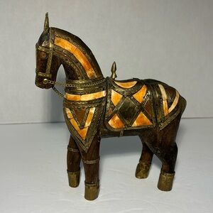 VTG Carved Wood Horse Figurine W Inlays Brass Copper Sculpture Trojan Horse